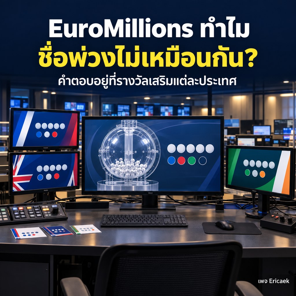 ทำไม EuroMillions มีชื่อพ่วงไม่เหมือนกัน? รู้จักรางวัลเสริม 3 ประเทศ ภาพจำลองห้องควบคุมการถ่ายทอดที่แสดงผล EuroMillions ส่วนกลางและแผงรหัสเสริมของฝรั่งเศส สหราชอาณาจักร และไอร์แลนด์