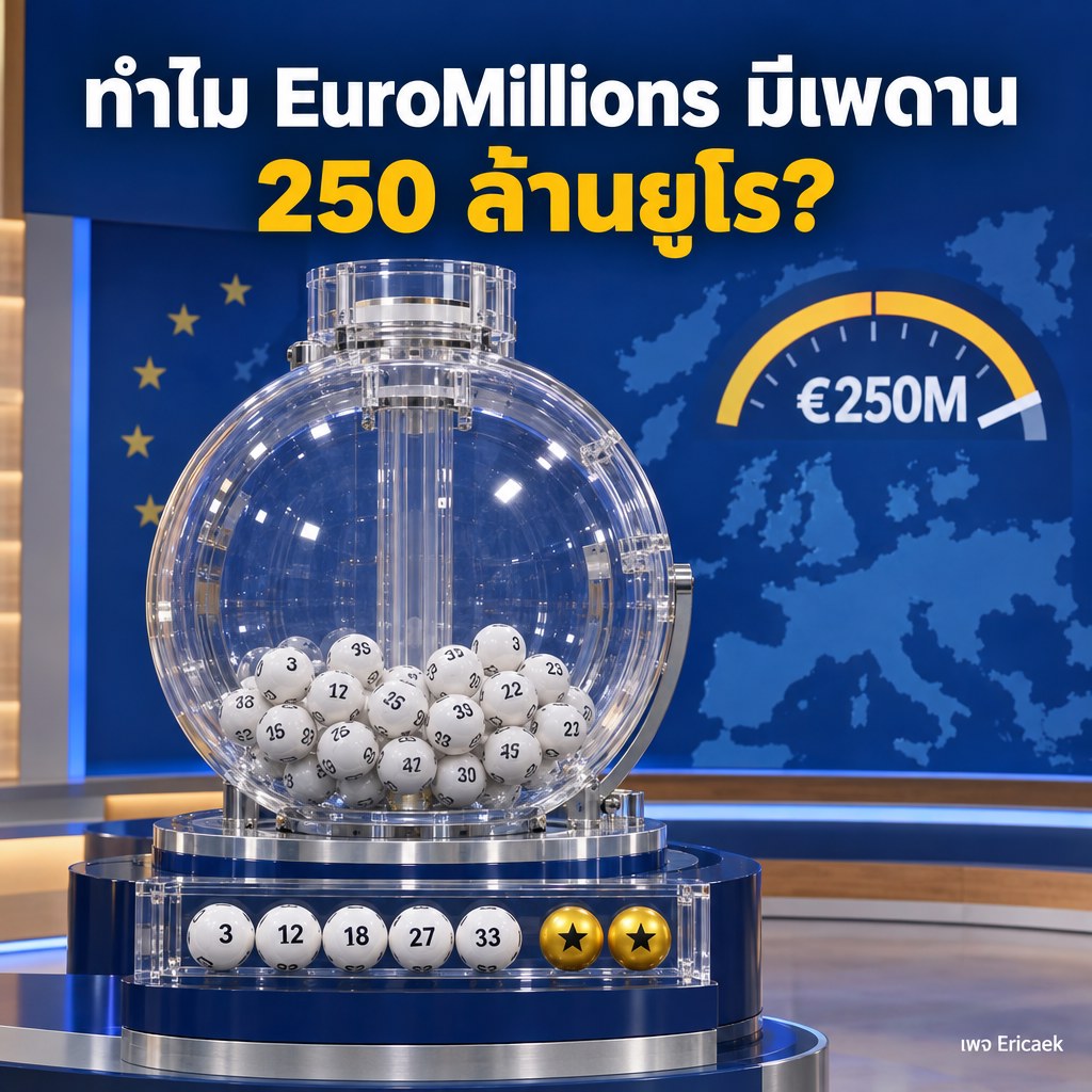 ทำไม EuroMillions มีเพดาน 250 ล้านยูโร? เบื้องหลังแจ็กพอตของลอตเตอรี่ข้ามชาติ ภาพประกอบแนวสารคดีแสดงลูกบอลลอตเตอรี่ยุโรปและมาตรวัดเพดาน 250 ล้านยูโร