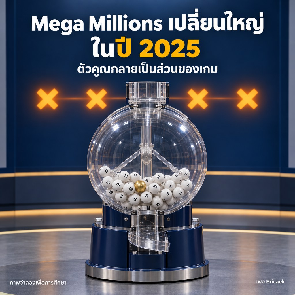 Mega Millions เปลี่ยนครั้งใหญ่ปี 2025: ตัวคูณกลายเป็นส่วนของลอตเตอรี่ได้อย่างไร ภาพโปสเตอร์สารคดีจำลองเครื่องออกรางวัล Mega Millions และแนวคิดตัวคูณในปี 2025