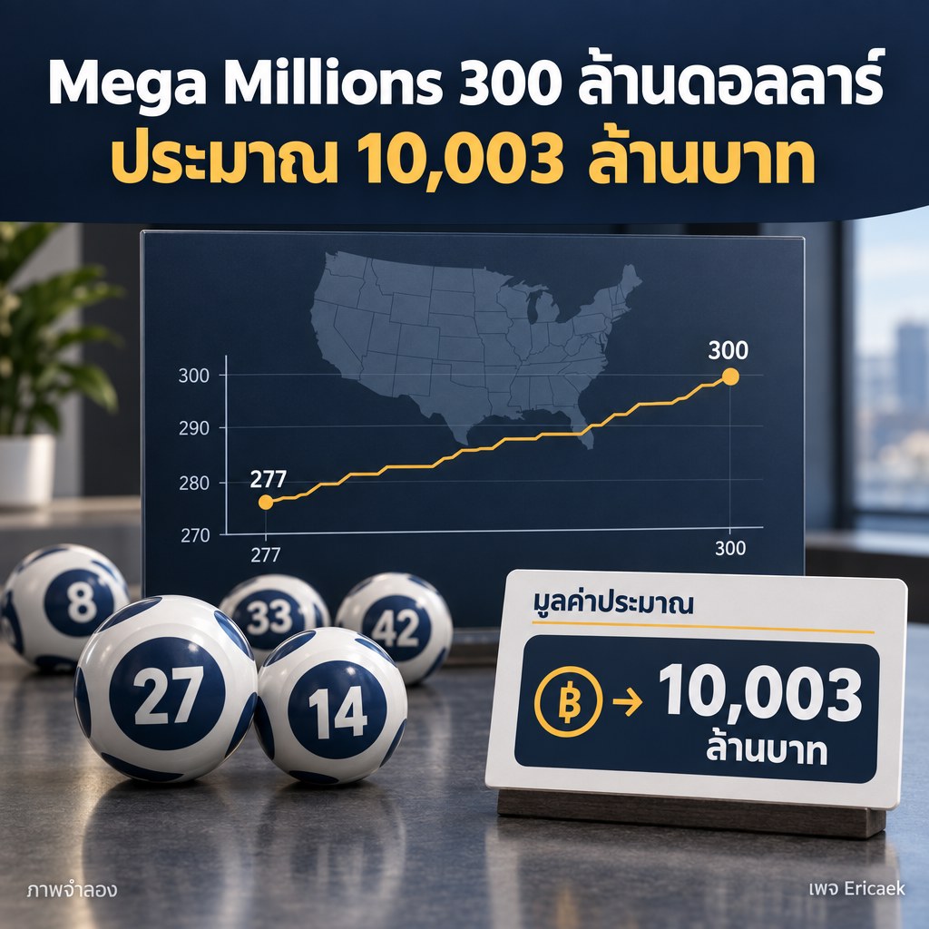 Mega Millions 300 ล้านดอลลาร์: มูลค่าประมาณข้าม 10,000 ล้านบาท ภาพข่าวข้อมูลแสดงยอด Mega Millions 300 ล้านดอลลาร์ เทียบมูลค่าประมาณ 10,003 ล้านบาท