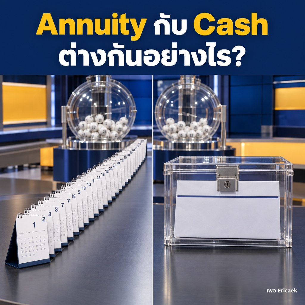 ทำไมแจ็กพอต Mega Millions มี 2 ตัวเลข? Annuity กับ Cash ต่างกันอย่างไร ภาพประกอบแนวสารคดีเปรียบเทียบการรับแจ็กพอต Mega Millions แบบรายปีและเงินก้อน