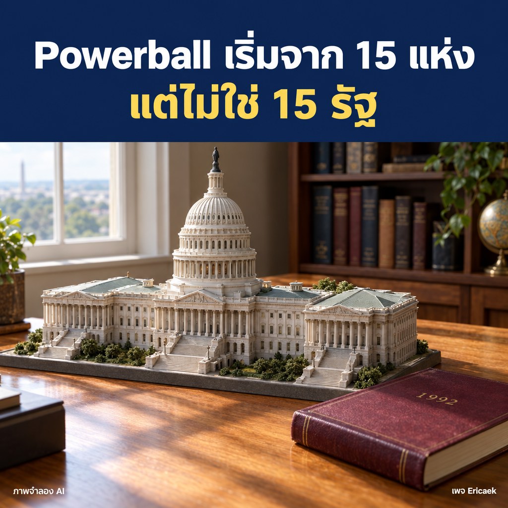 Powerball เริ่มจาก 15 แห่ง แต่ไม่ใช่ 15 รัฐ: เกร็ดจากปี 1992 ภาพจำลองโมเดลอาคารรัฐสภาสหรัฐฯ บนโต๊ะไม้ ข้างหนังสือปี 1992 พร้อมพาดหัว Powerball เริ่มจาก 15 แห่ง แต่ไม่ใช่ 15 รัฐ
