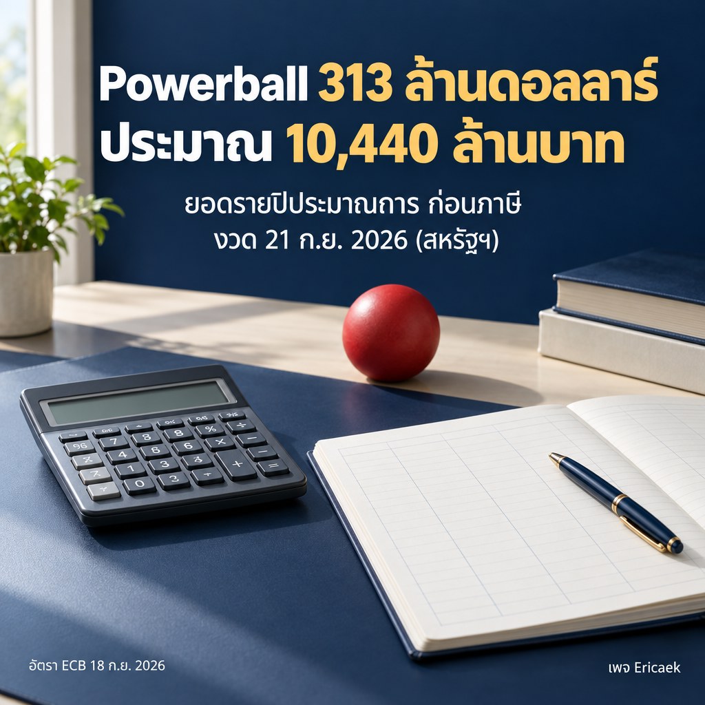 Powerball 313 ล้านดอลลาร์: มูลค่าแปลงบาทข้าม 10,000 ล้านบาทหมายความว่าอย่างไร โปสเตอร์ข้อมูล Powerball 313 ล้านดอลลาร์ กับมูลค่าเงินบาทประมาณ 10,440 ล้านบาท บนโต๊ะทำงานที่มีเครื่องคิดเลข