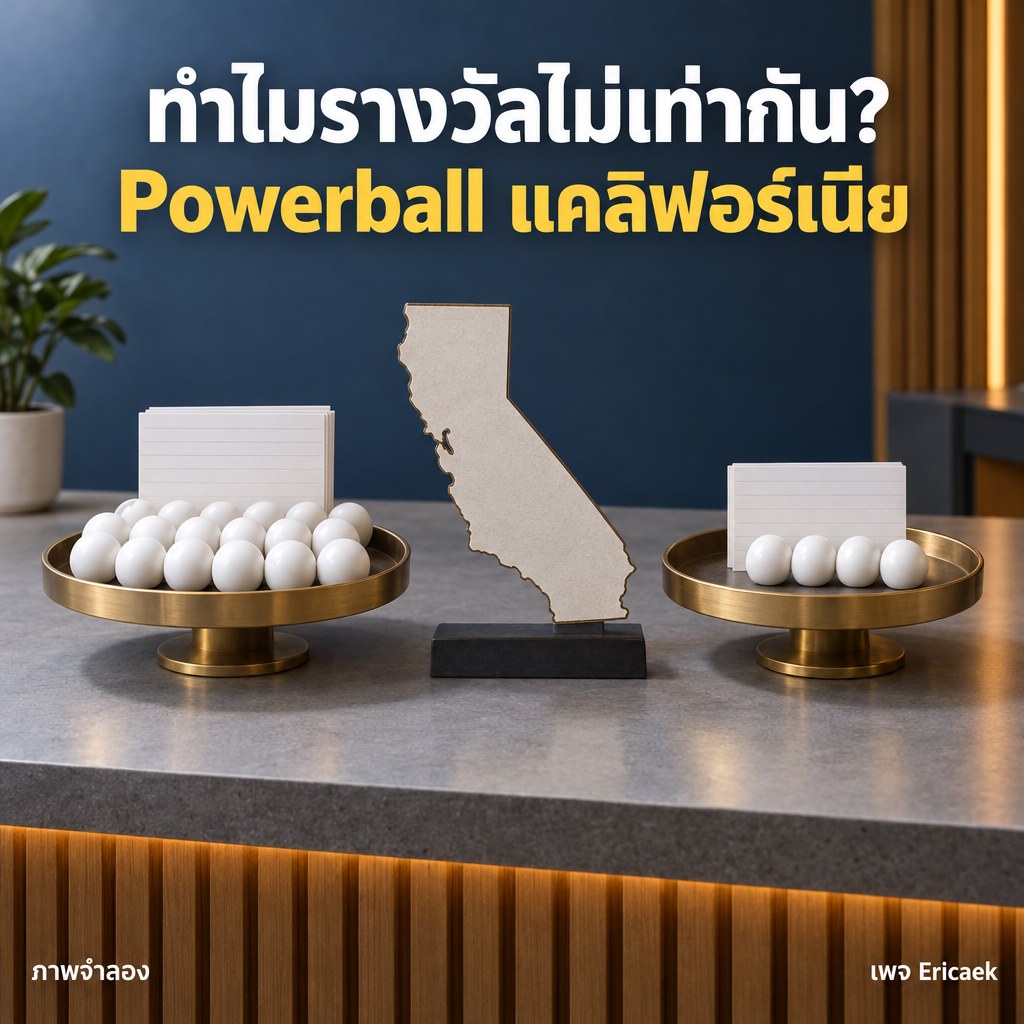 ทำไมรางวัล Powerball ในแคลิฟอร์เนียไม่เท่ารัฐอื่น? รู้จักระบบ Pari-Mutuel ภาพจำลองเชิงสารคดีเปรียบเทียบรางวัลคงที่กับการแบ่งกองรางวัล Powerball ในแคลิฟอร์เนีย