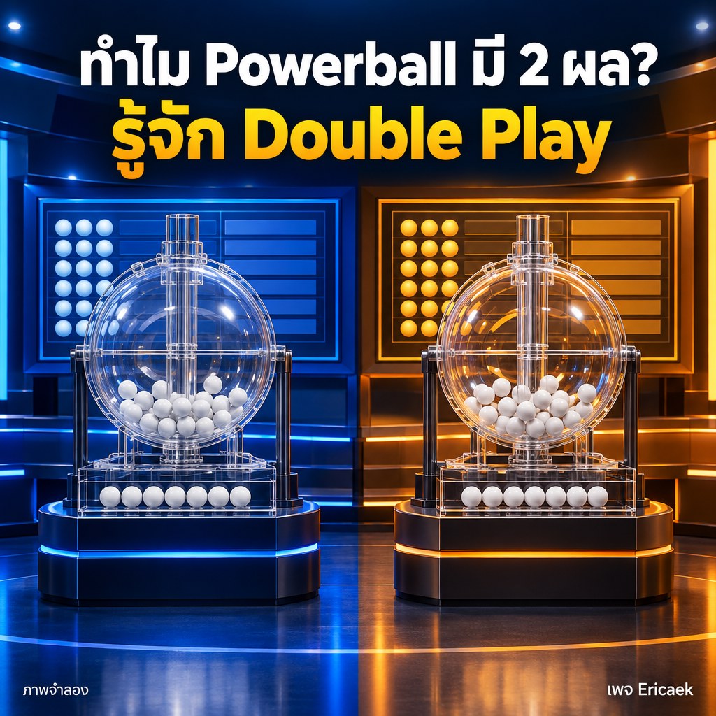 ทำไม Powerball มีผลสองชุด? แยก Double Play ออกจาก Power Play ภาพจำลองสตูดิโอข้อมูลที่แยกผล Powerball รอบหลักออกจาก Double Play ด้วยแผงแสดงผลสองฝั่ง