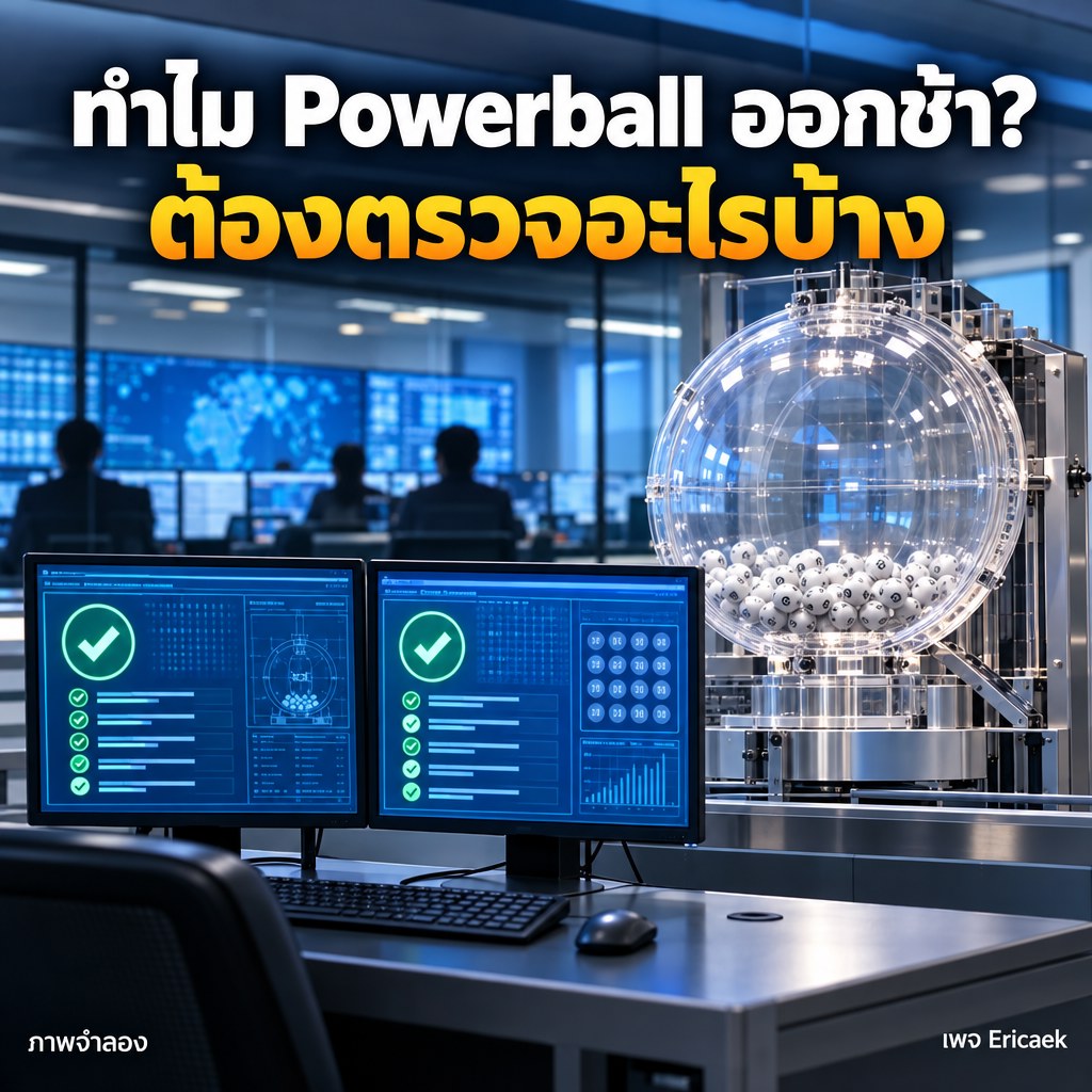 ภาพจำลองห้องควบคุมการออกรางวัลที่มีจอแสดงการตรวจข้อมูลจากสองระบบก่อนจับหมายเลข