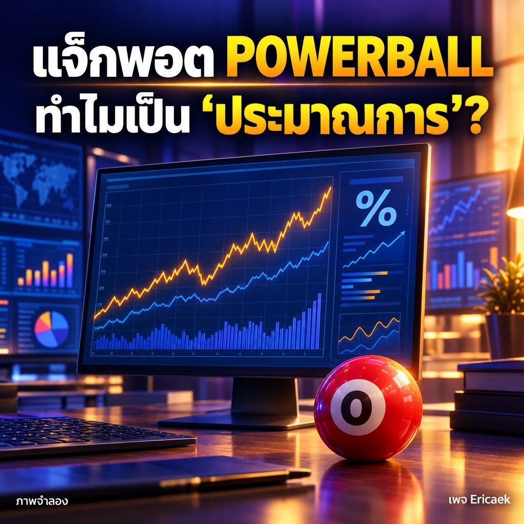 ภาพจำลองหน้าจอวิเคราะห์ยอดขายและอัตราดอกเบี้ยที่เกี่ยวข้องกับแจ็กพอตประมาณการของ Powerball โดยไม่มีตัวเลขจำนวนเงิน