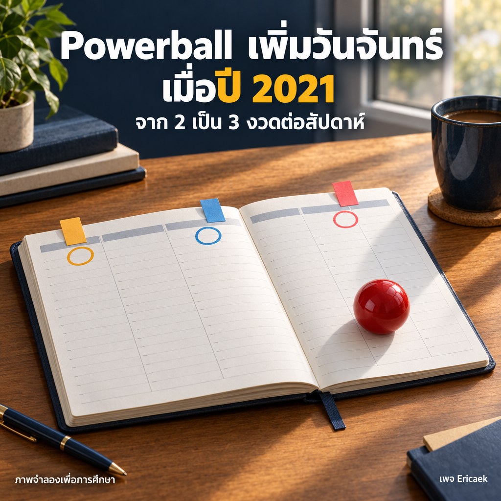 Powerball ไม่ได้ออกวันจันทร์มาตั้งแต่แรก: จุดเปลี่ยนสำคัญในปี 2021 ภาพโปสเตอร์สารคดีจำลองปฏิทินวันจันทร์ พุธ และเสาร์ อธิบายการเพิ่มวันออกรางวัล Powerball ในปี 2021
