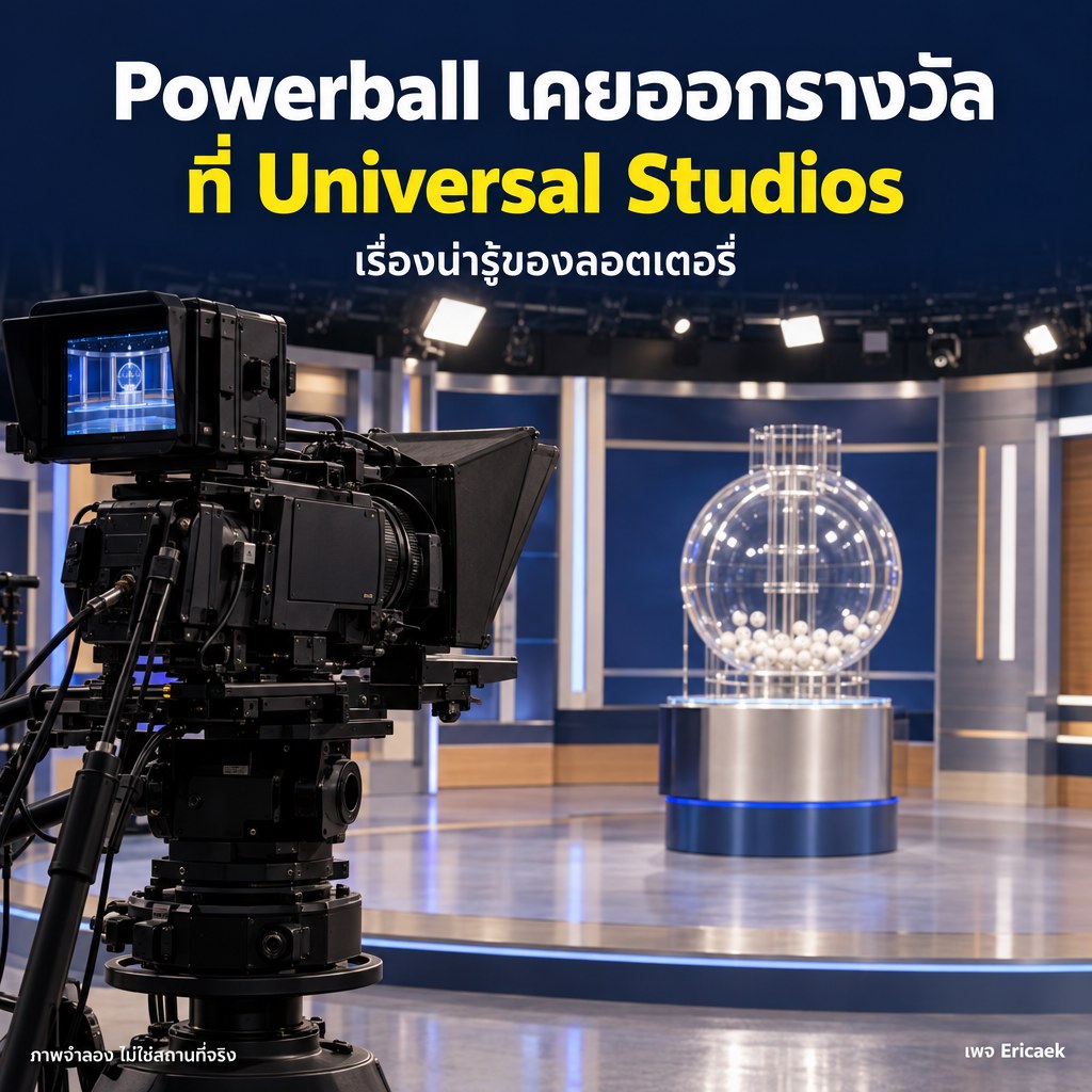 ภาพจำลองสตูดิโอถ่ายทอดโทรทัศน์พร้อมกล้องและเครื่องจับลูกบอล ประกอบเรื่องประวัติสถานที่ออกรางวัล Powerball