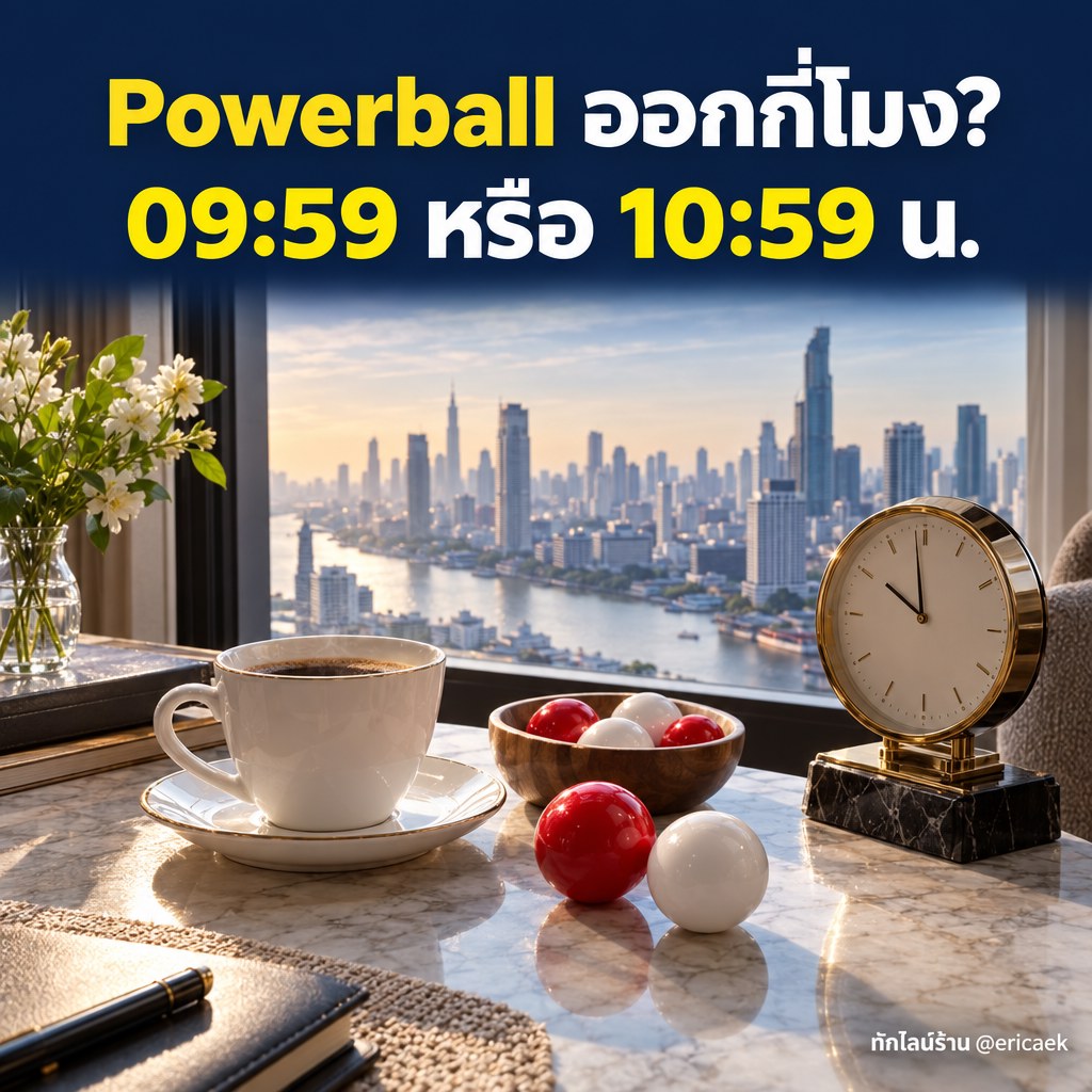 ภาพจำลองโต๊ะกาแฟยามเช้าและนาฬิกาประกอบเรื่องเวลาออกรางวัล Powerball