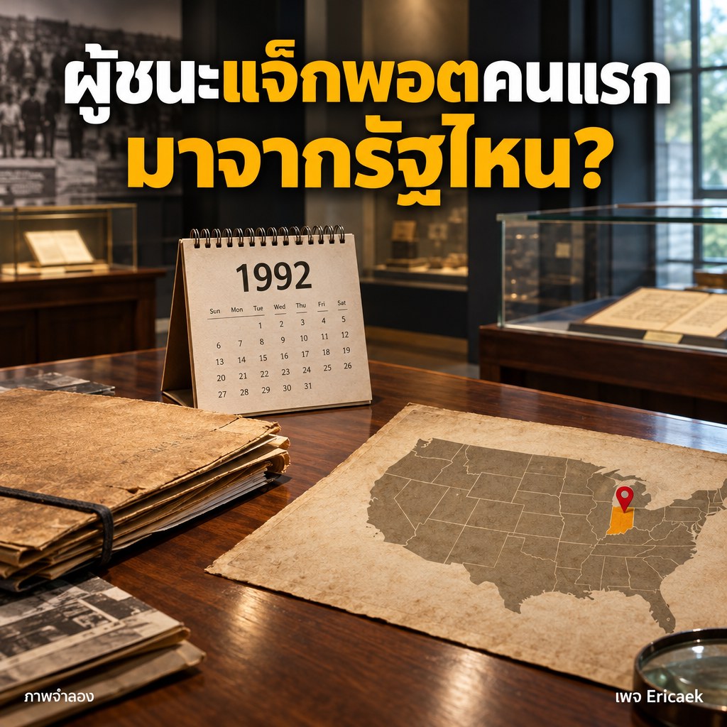 โปสเตอร์สารคดีจำลองแสดงโต๊ะจดหมายเหตุ ปฏิทินปี 1992 และเงารูปรัฐอินดีแอนา สื่อถึงผู้ชนะแจ็กพอต Powerball คนแรก