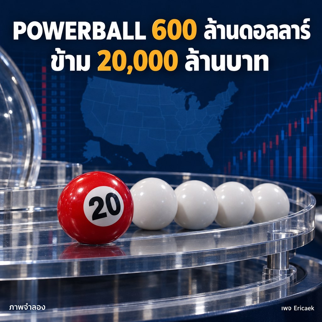 ภาพโปสเตอร์ข่าวข้อมูล Powerball 600 ล้านดอลลาร์และมูลค่าประมาณข้าม 20,000 ล้านบาท