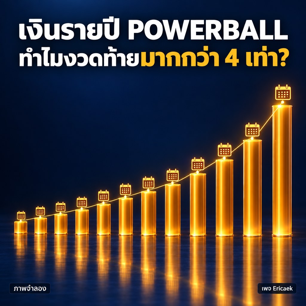 ภาพจำลองเชิงสารคดีของเสาแสดงเงินรายปี Powerball ที่เพิ่มขึ้นต่อเนื่องจนงวดท้าย