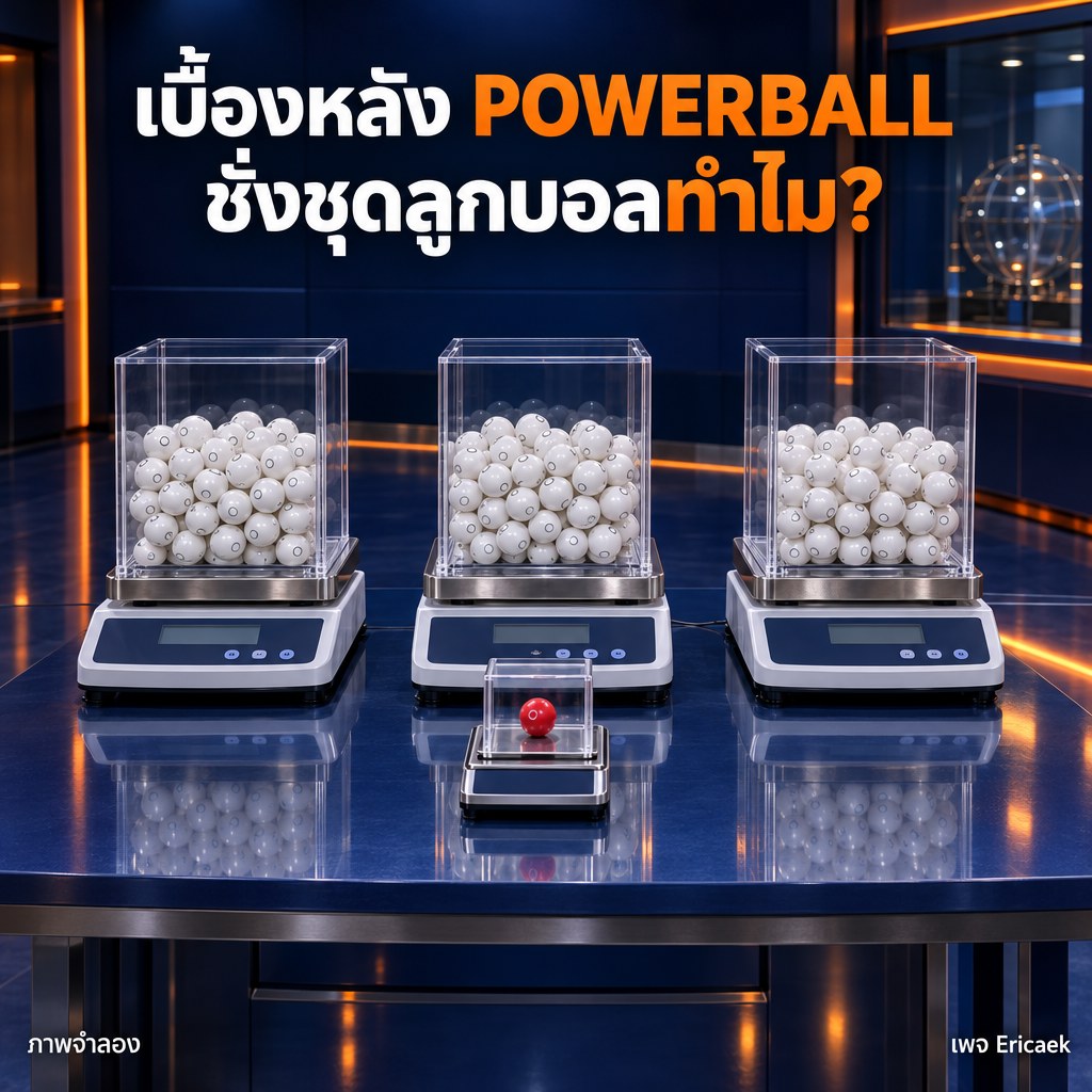 ภาพจำลองเชิงสารคดีของเครื่องชั่งสามตัวและกล่องชุดลูกบอลในห้องตรวจอุปกรณ์ Powerball