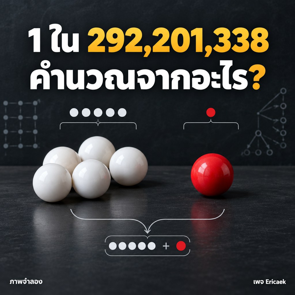 โปสเตอร์สารคดีจำลองแสดงลูกบอลสีขาวห้าลูก ลูกบอลสีแดงหนึ่งลูก และตัวเลข 1 ใน 292,201,338 เพื่ออธิบายการคำนวณโอกาสแจ็กพอต Powerball