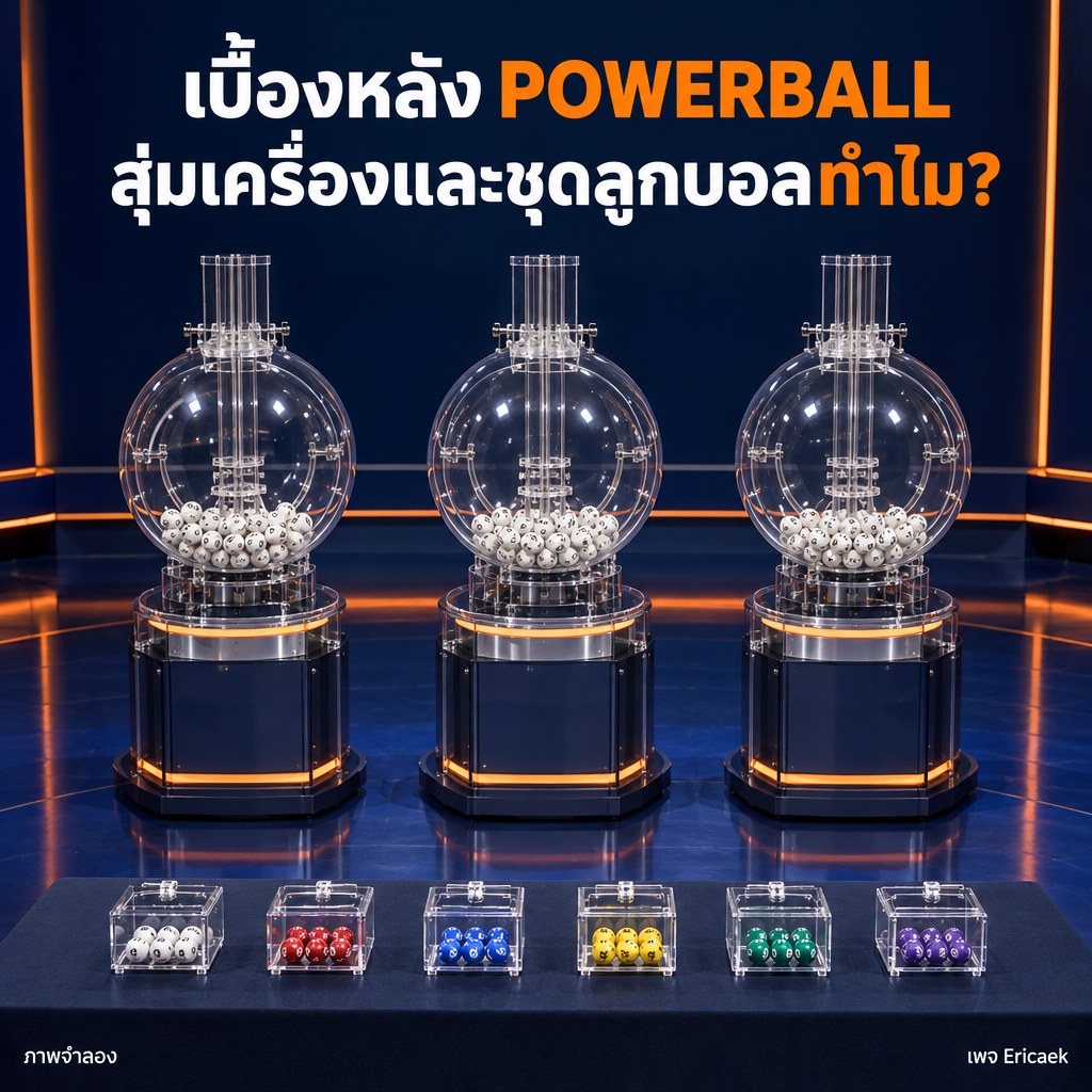 ภาพจำลองเชิงสารคดีของห้องออกรางวัล Powerball มีเครื่องสามเครื่องและชุดลูกบอลบนโต๊ะตรวจสอบ