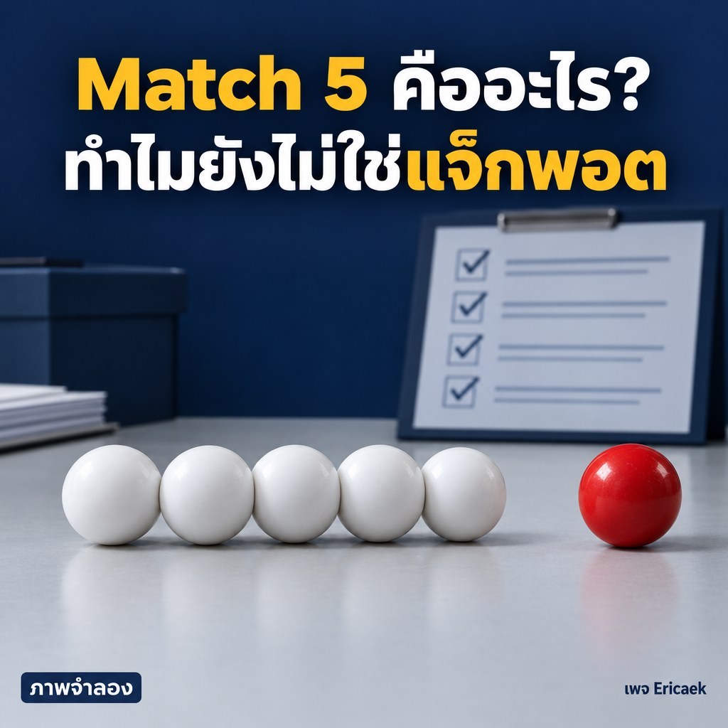 โปสเตอร์สารคดีจำลองแสดงลูกบอลสีขาวห้าลูกที่ตรงกัน และลูกบอลสีแดงแยกออกมาเพื่ออธิบายว่า Match 5 ยังไม่ใช่แจ็กพอต Powerball