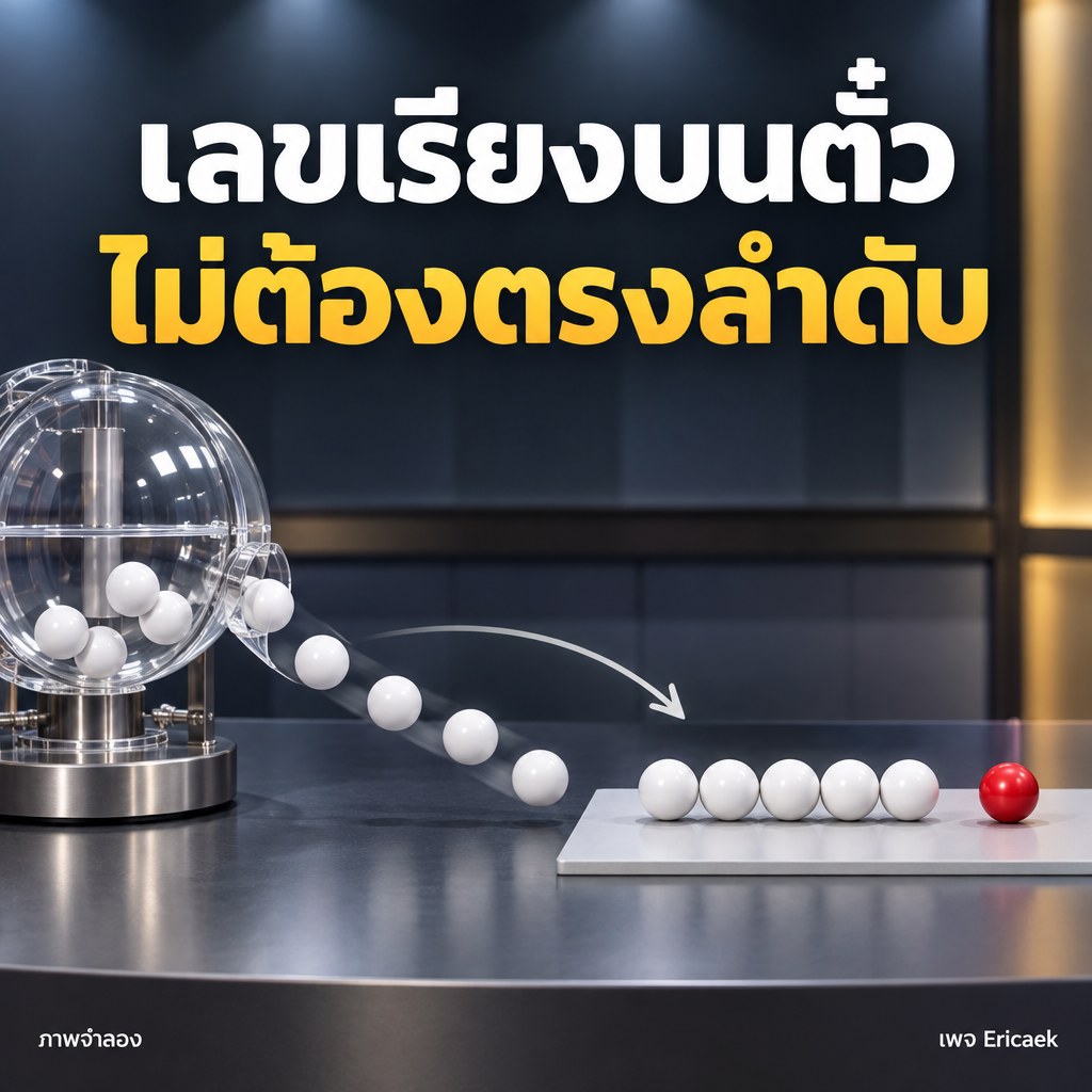 ภาพจำลองลูกบอลสีขาวห้าลูกจากเครื่องจับรางวัลจัดเป็นแถวบนแผ่นบันทึก โดยมีลูกบอลสีแดงแยกต่างหาก สื่อว่าตรวจเป็นชุดหมายเลขไม่ใช่ลำดับ