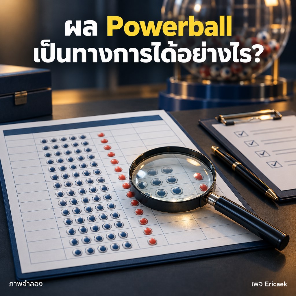 โปสเตอร์สารคดีจำลองโต๊ะตรวจสอบผล Powerball มีเอกสารบันทึก แว่นขยาย และเครื่องจับลูกบอลอยู่เบื้องหลัง