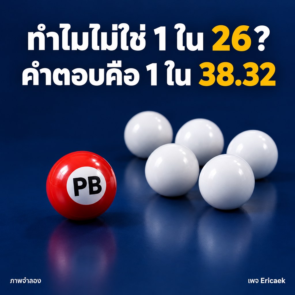 ภาพโปสเตอร์อธิบายโอกาสตรงเฉพาะ Powerball สีแดง 1 ใน 38.32
