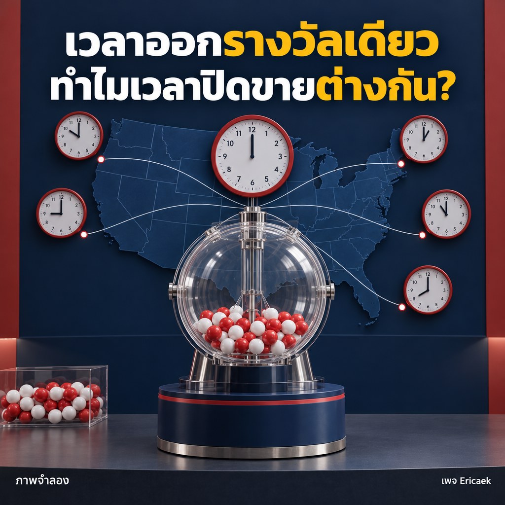 โปสเตอร์สารคดีจำลองแสดงนาฬิกาหลายเขตเวลา ระบบลอตเตอรี่หลายเขตอำนาจ และสตูดิโอออกรางวัลส่วนกลางของ Powerball
