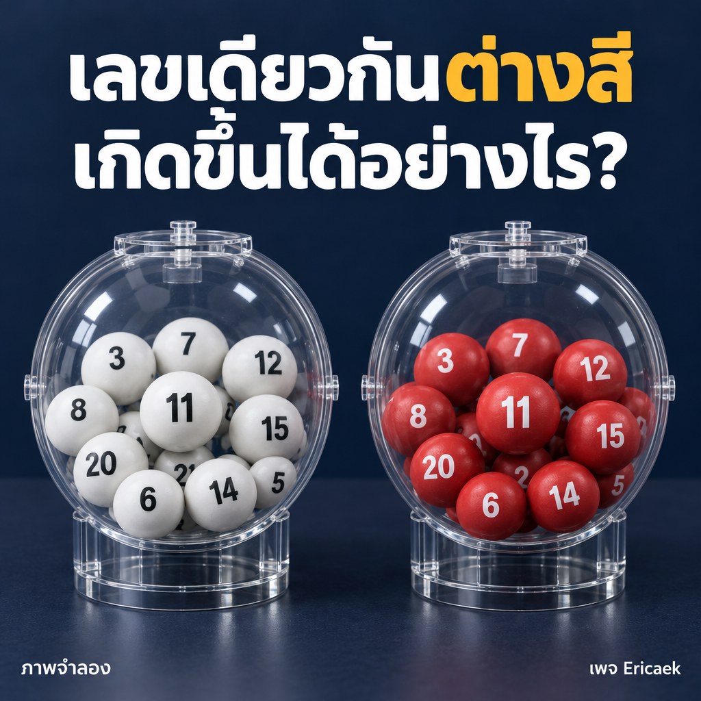 ทำไมเลขเดียวกันจึงออกได้ทั้งลูกขาวและลูกแดงใน Powerball? ภาพจำลองเชิงสารคดีของลูกบอลหมายเลขเดียวกันในชุดลูกขาวและชุดลูกแดงที่แยกจากกัน