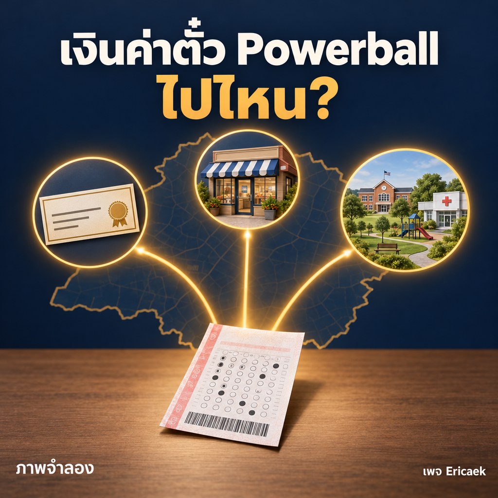 โปสเตอร์สารคดีแสดงเส้นทางรายได้จากตั๋ว Powerball ไปยังรางวัล ผู้ค้าปลีก และโครงการสาธารณะในเขตที่ขาย