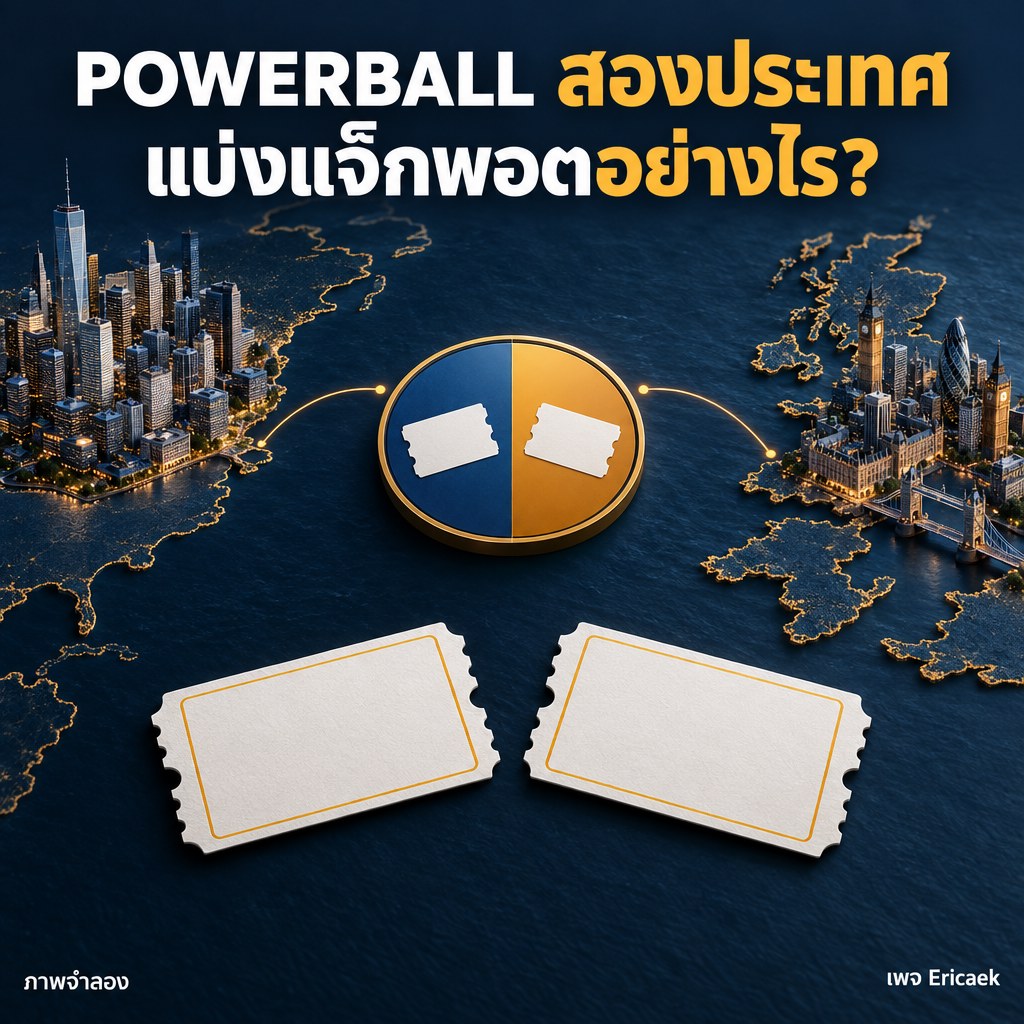 ภาพจำลองโปสเตอร์สารคดีแสดงกองแจ็กพอตกลางเชื่อมตั๋วผู้ชนะจากสหรัฐฯ และสหราชอาณาจักร